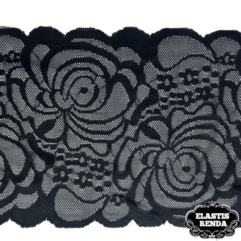 (Harga Per Meter) Renda Stretch Hitam Motif Bunga Cantik Lebar 15,5cm