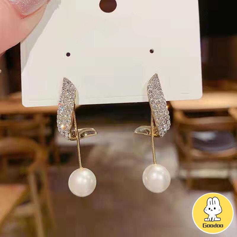 Elegan Berlian Mutiara Fashion Sederhana Temperamen Wanita Anting Rumbai Panjang -Doo