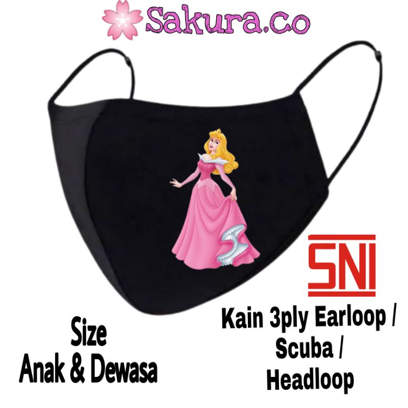 Masker Kain 3 Lapis PRINCESS AURORA BELLA JASMINE ARIEL - Masker  HITAM 3PLY / Earloop 3 PLY / Scuba  karakter anak dewasa / Headloop