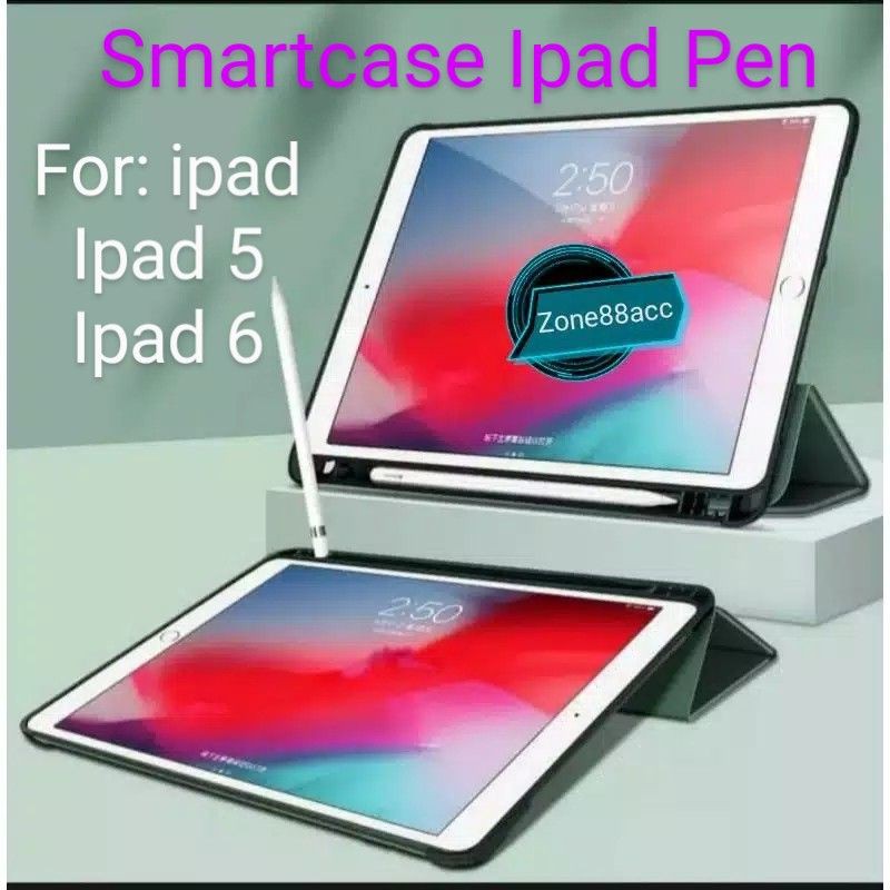 Smartcase With PEN Holder Ipad 9.7 Ipad 5 Ipad 6 Auto Lock SARUNG Case Flip Folio Book Buku Cover Casing