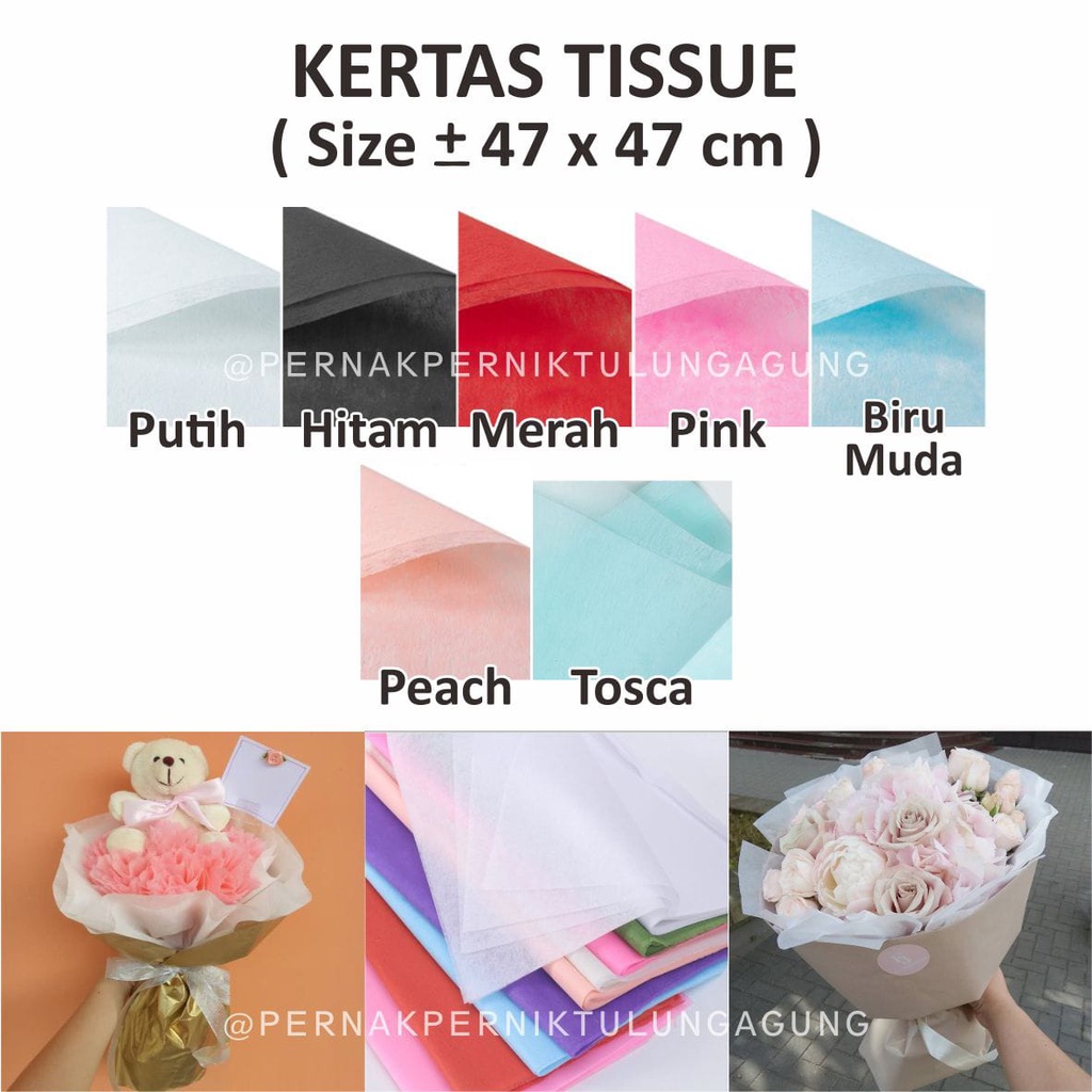 

Kertas Tissue - Per 6 Lembar - Kertas Buket Bunga Flower Bouquet - Warna Putih, Hitam, Biru Muda, Merah, Peach, Tosca, Pink