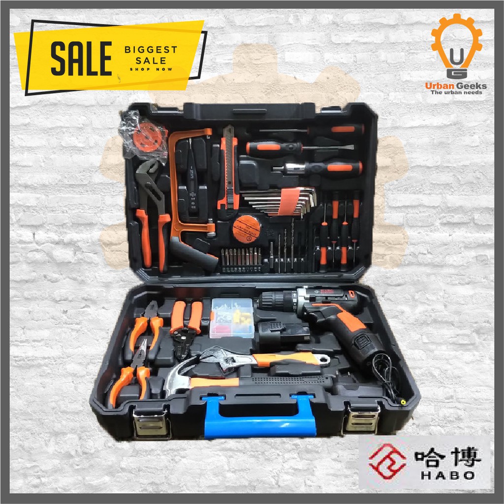 Paket Toolkit Toolbox Mesin Bor Baterai Bor Cordless 112pc Habo Furuide