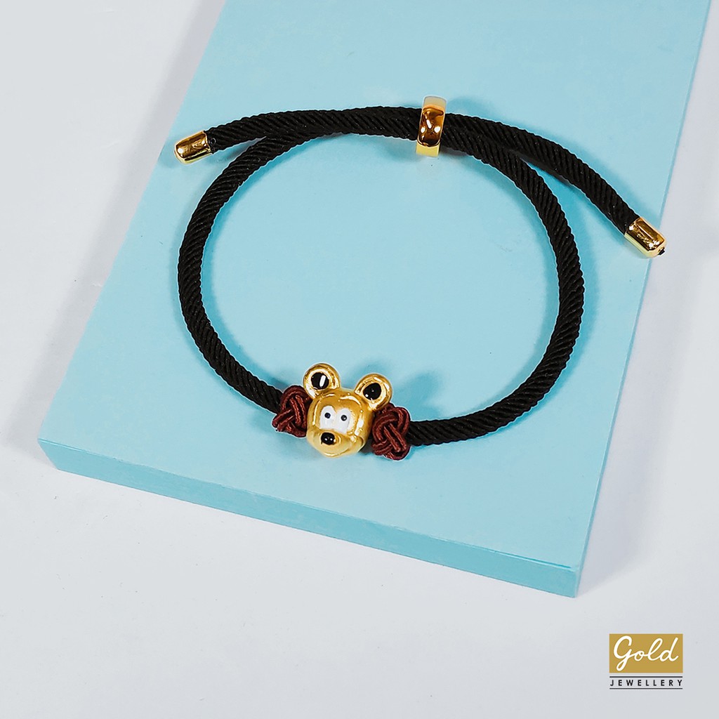 Gelang tali emas hongkong 24k 999 charm mickey enamel pdr kain hitam
