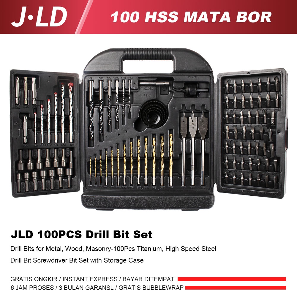 JLD 100pcs mata bor set Mata Bor untuk Logam, Kayu, Batu-100Pcs Titanium, Baja Kecepatan Tinggi Mata