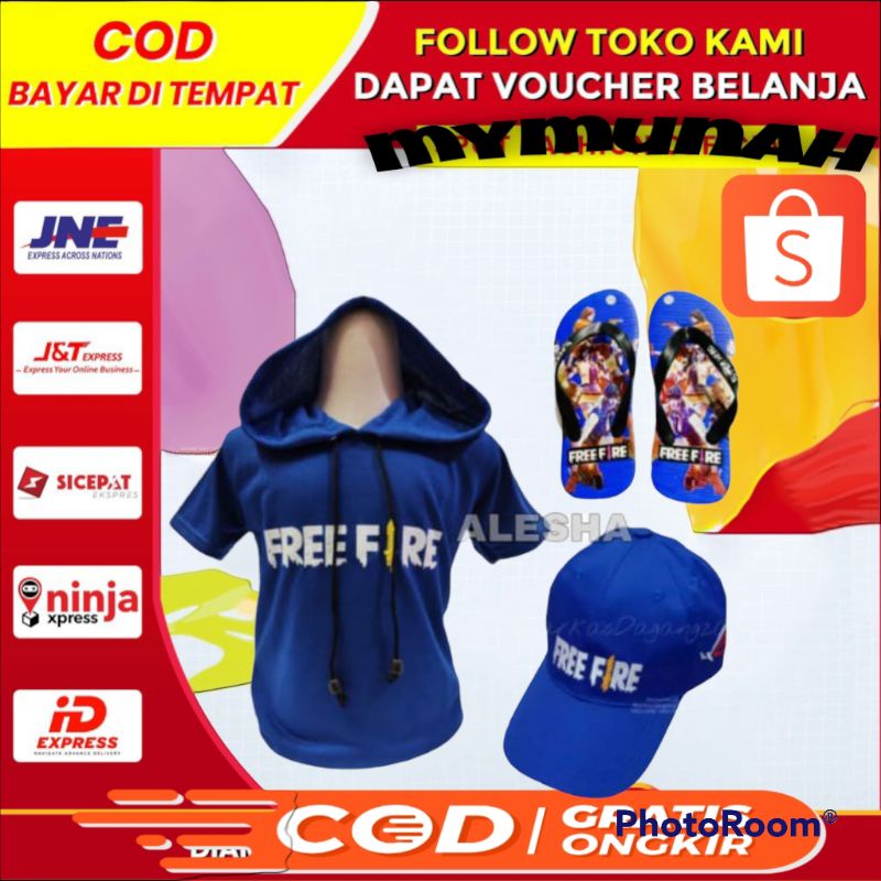 baju anak usia 2-10 tahun, topi dan sendal karakter Free fire boboiboy 3in1