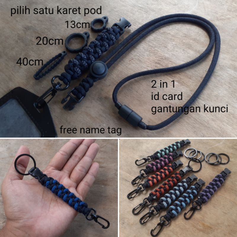 2in1 Lanyard Survival Name Tag ID Card Holder Tali Leher Tempat Kartu Tali Paracord Gantungan Kunci Paracord