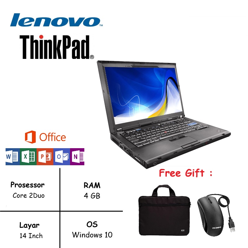 Laptop Murah Pelajar Sekolah Lenovo T400 Core 2Duo RAM 4GB HDD 500GB Win 10