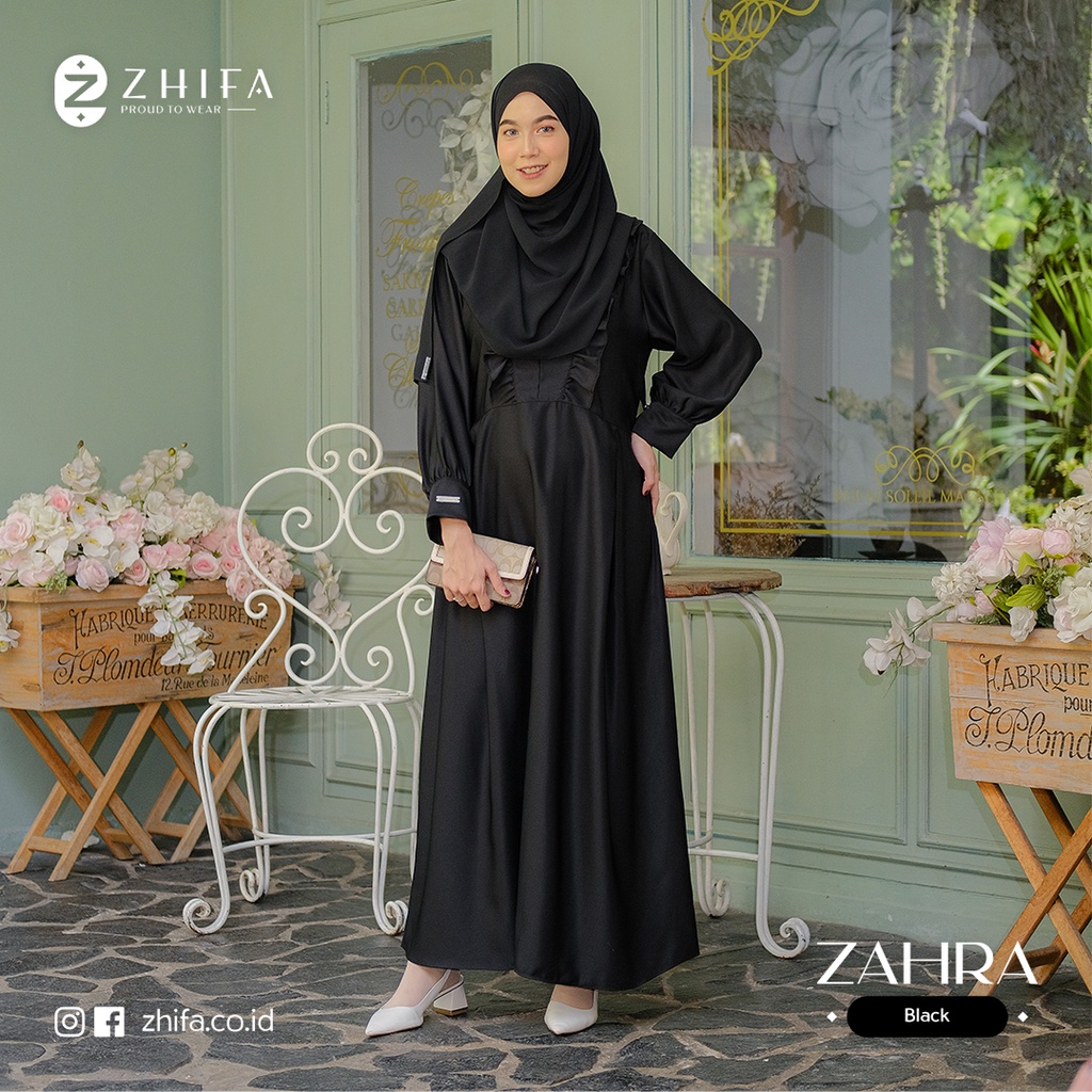 ZAHRA SET Baju Gamis Wanita Syar'i Muslim Dewasa, gamis warna hitam, dress hitam, baju muslim warna 