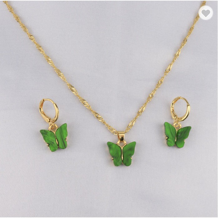 SET Kalung + Liontin + Anting KUPU-KUPU WARNA Korea Fashion Wanita Butterfly Rantai Titanium Alloy