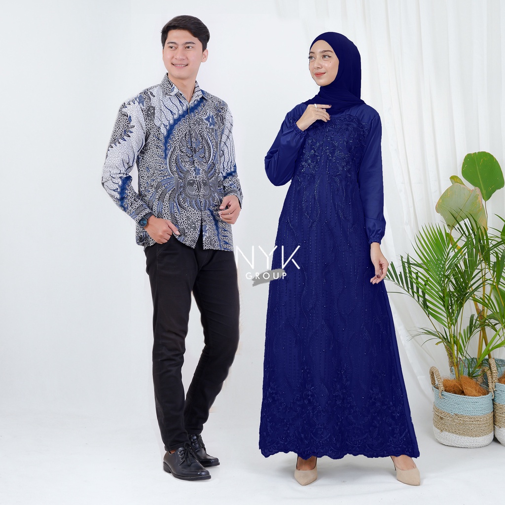 SPESIAL GAMIS COUPLE LEBARAN 2022 - BATIK COUPLE DRESS ALANA LENGAN PANJANG - BATIK COUPLE BRUKAT TULLE MODERN