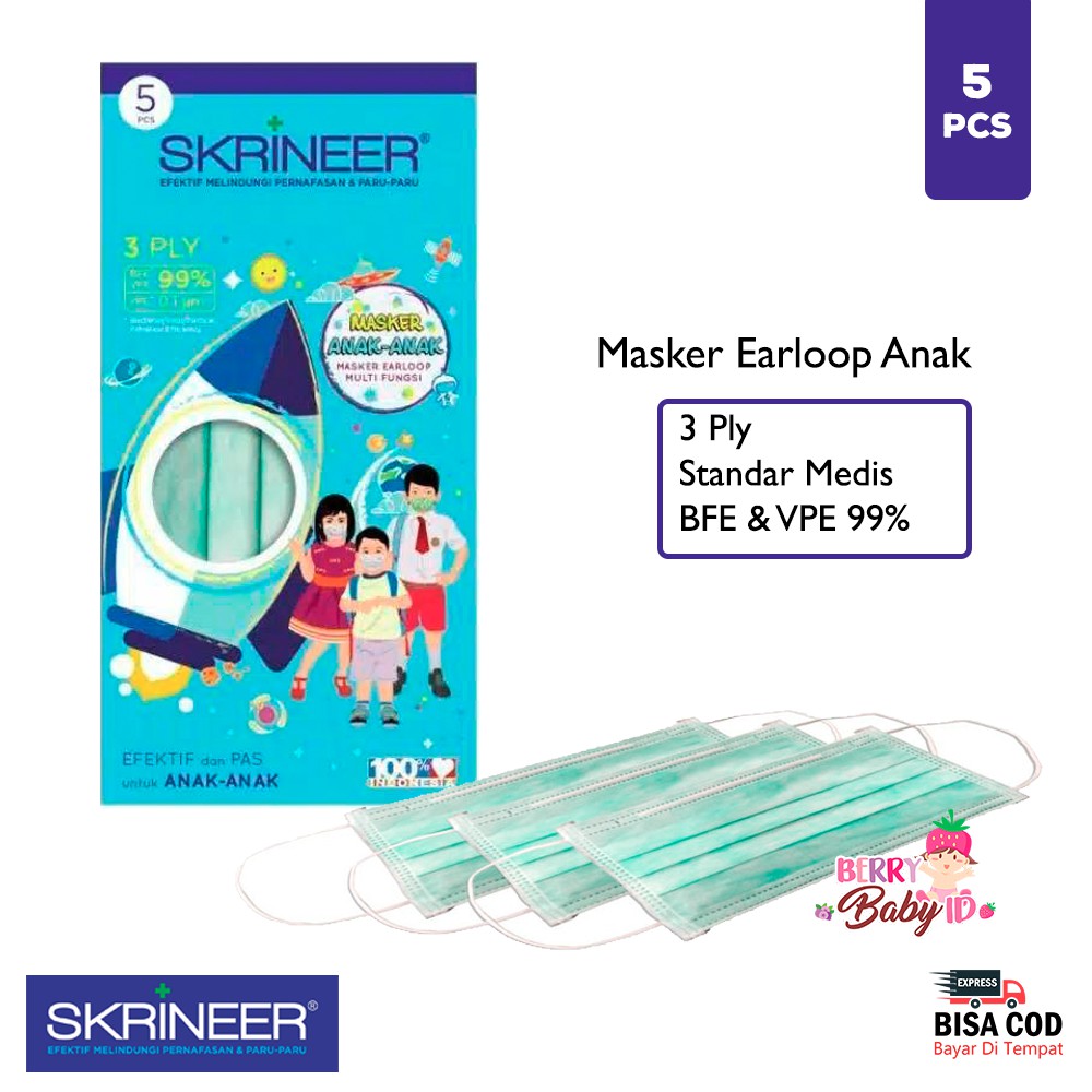 Skrineer Masker Anak 3 Ply Earloop Isi 5 Pcs Masker Medis Multifungsi Berry Mart