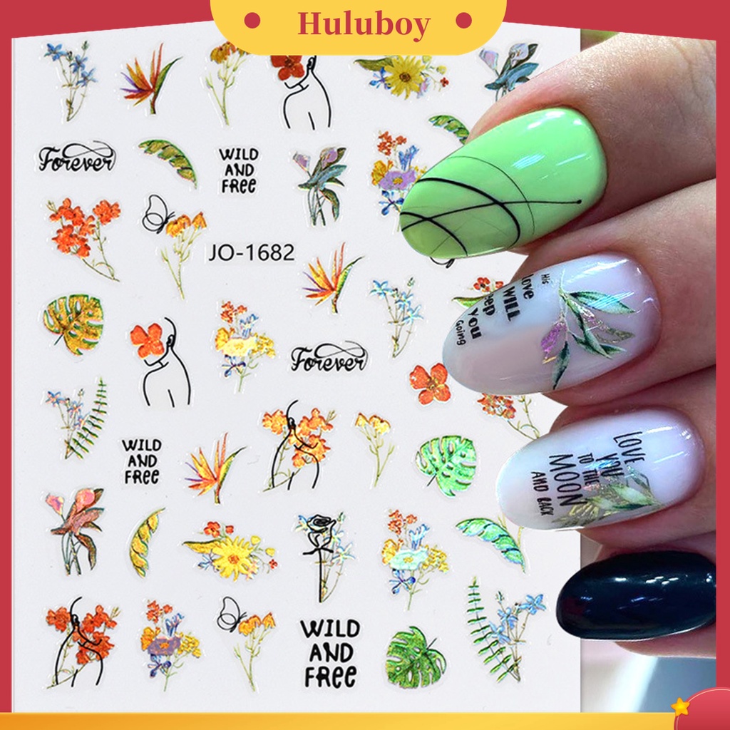 Huluboy Huluboy♡ Stiker Kuku Motif Bunga Sparkling Tahan Air Dengan Perekat Untuk Nail Art