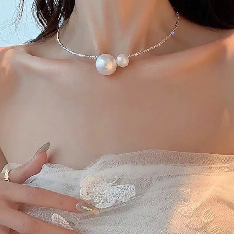 Kalung Choker Klavikula Hias Mutiara Berlian Imitasi Gaya Korea Untuk Wanita