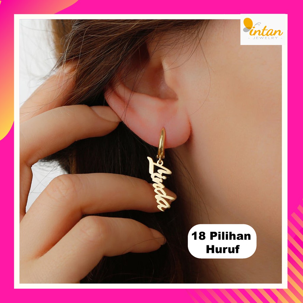 Anting nama gantung hooks titanium ukir anak lapis emas huruf custom giwang subang kerabu perak set