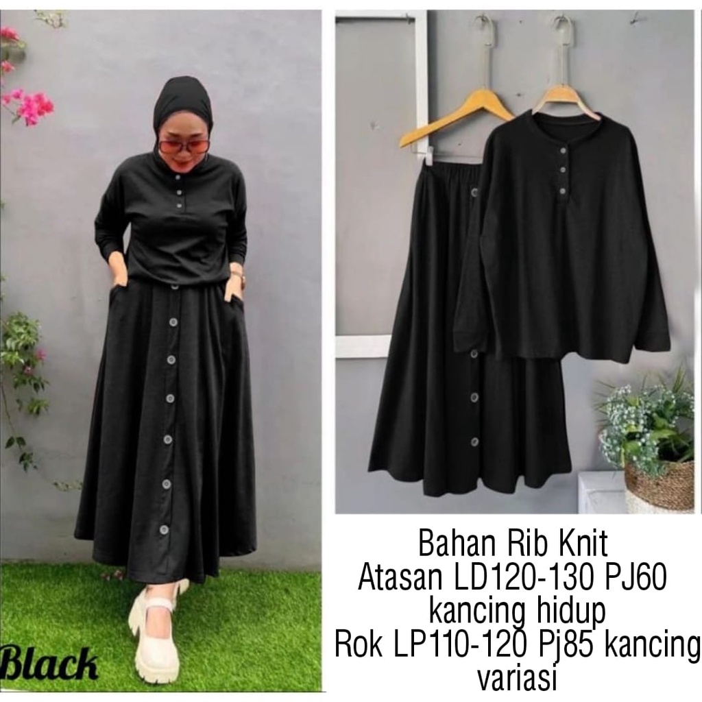 SET ROK, BUTTON, HARUKA, RIB KNIT, GAMIS HIJAB MUSLIM, SETELAN, 3 UKURAN