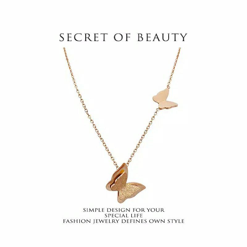 FF Kalung Rantai Dengan Liontin Kupu-Kupu Bahan Stainless Steel Warna Rose Gold Untuk Wanita
