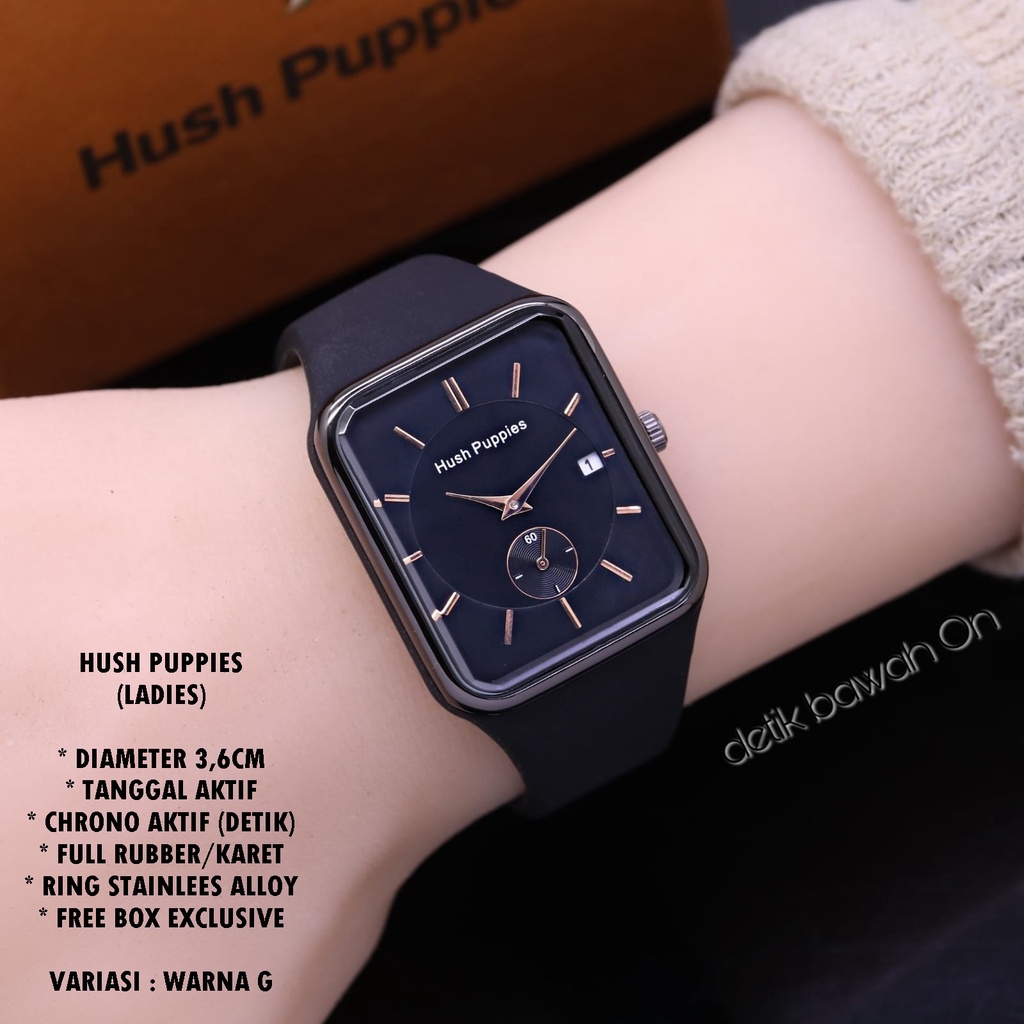 JAM TANGAN WANITA HUSH PUPPIES TALI RUBBER BODY SEGI  TANGGAL &amp; CHRONO AKTIF