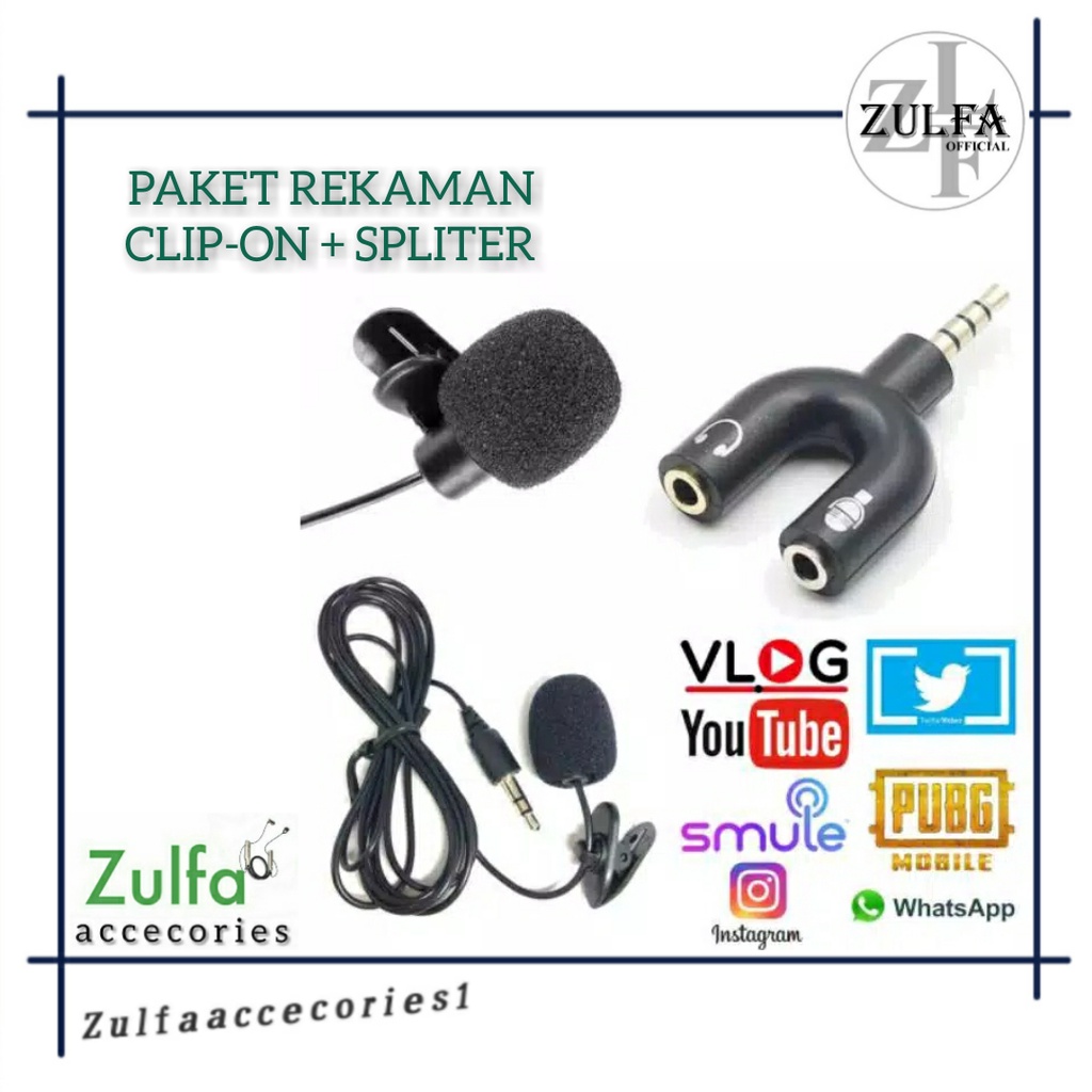 PAKET REKAM Microfon Clip on + Spliter 2in1Live Streaming Tiktok Youtube