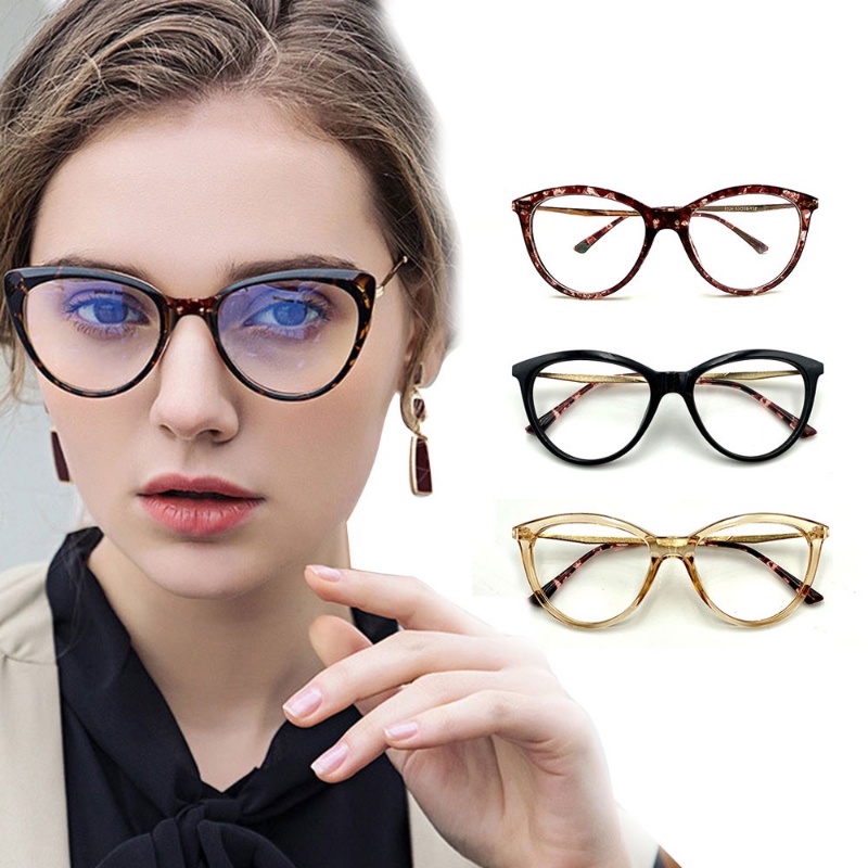 (YUZHU) Western Fashion Cat Eye Bingkai Kecil Kacamata Vintage Fashion Oval Bingkai Anti Cahaya Biru Kacamata Wanita