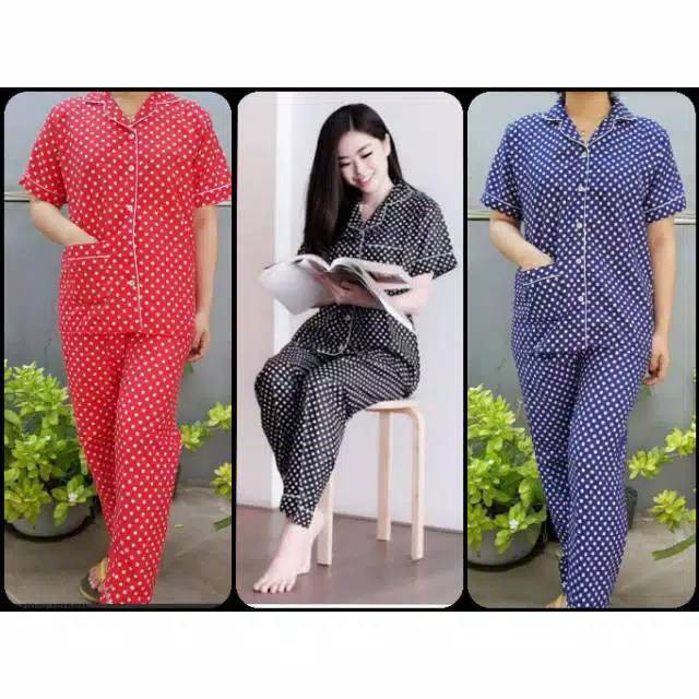 BJ - Piyama CP Wanita Motif Polkadot - Setelan Baju Tidur Wanita Dewasa Lengan Pendek Celana Panjang