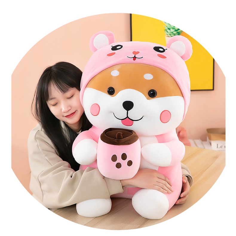 Boneka shiba pegang bubble tea costume lucu bahan plush