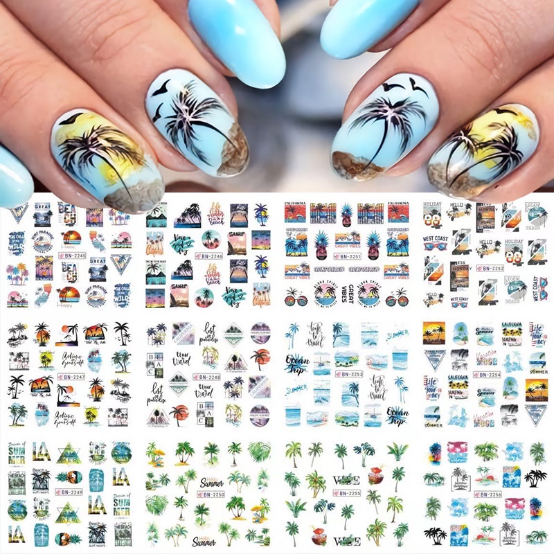 12pcs / Set Stiker Kuku Desain Pohon Palem Musim Panas Untuk Dekorasi Nail Art DIY