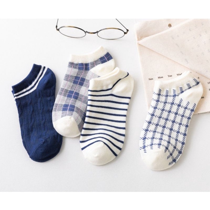 [ COD ] Kaos Kaki Wanita Pria Unisex Motif Garis Kotak Simple Polos Biru Dongker / Kaoskaki Wanita Pendek Semata Kaki / Kaos Kaki Korea Style-6