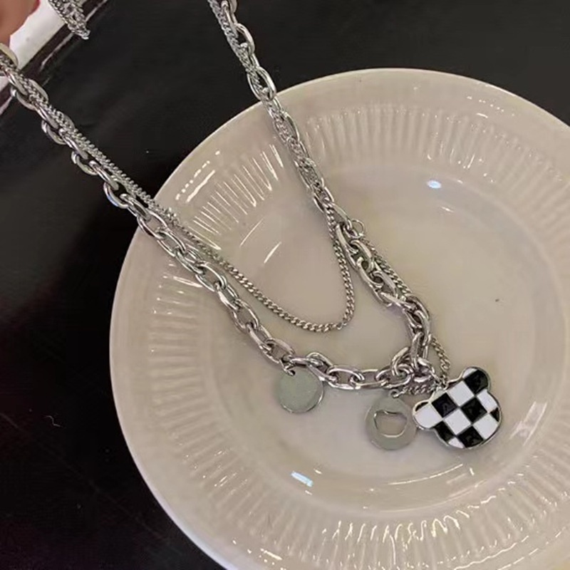 Kalung Rantai Klavikula Lapisan Ganda Bahan Titanium Steel Desain Beruang Gaya Hip Hop Korea Untuk Wanita