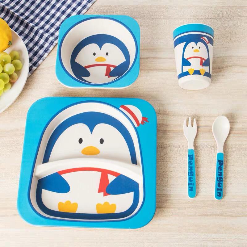 Alat Makan Bayi Mangkok Anak Piring Makan Anak Bamboo Set Pinguin