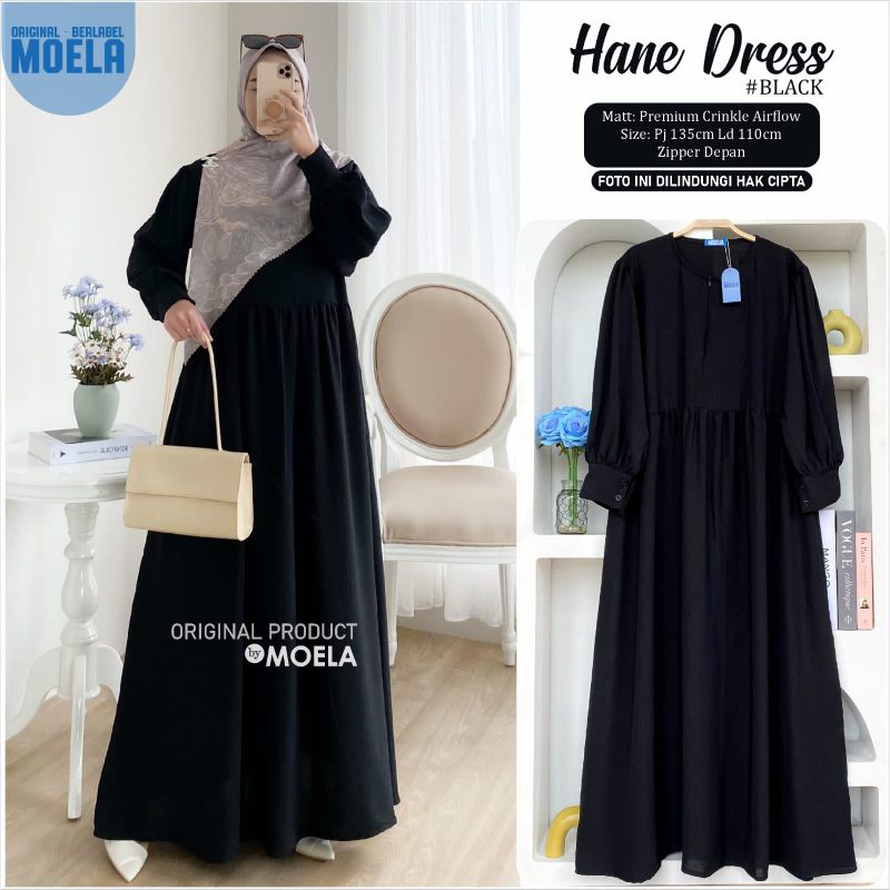 Aura Hane Dress Gamis Jumbo Polos Allsize Busui Premium Crinkle Airflow Original Ori Moela Berlabel-Hane black