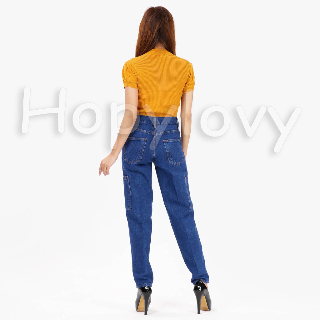 HOPYLOVY - Celana Boyfriend Jeans Wanita Kantong Samping Cargo Amaia