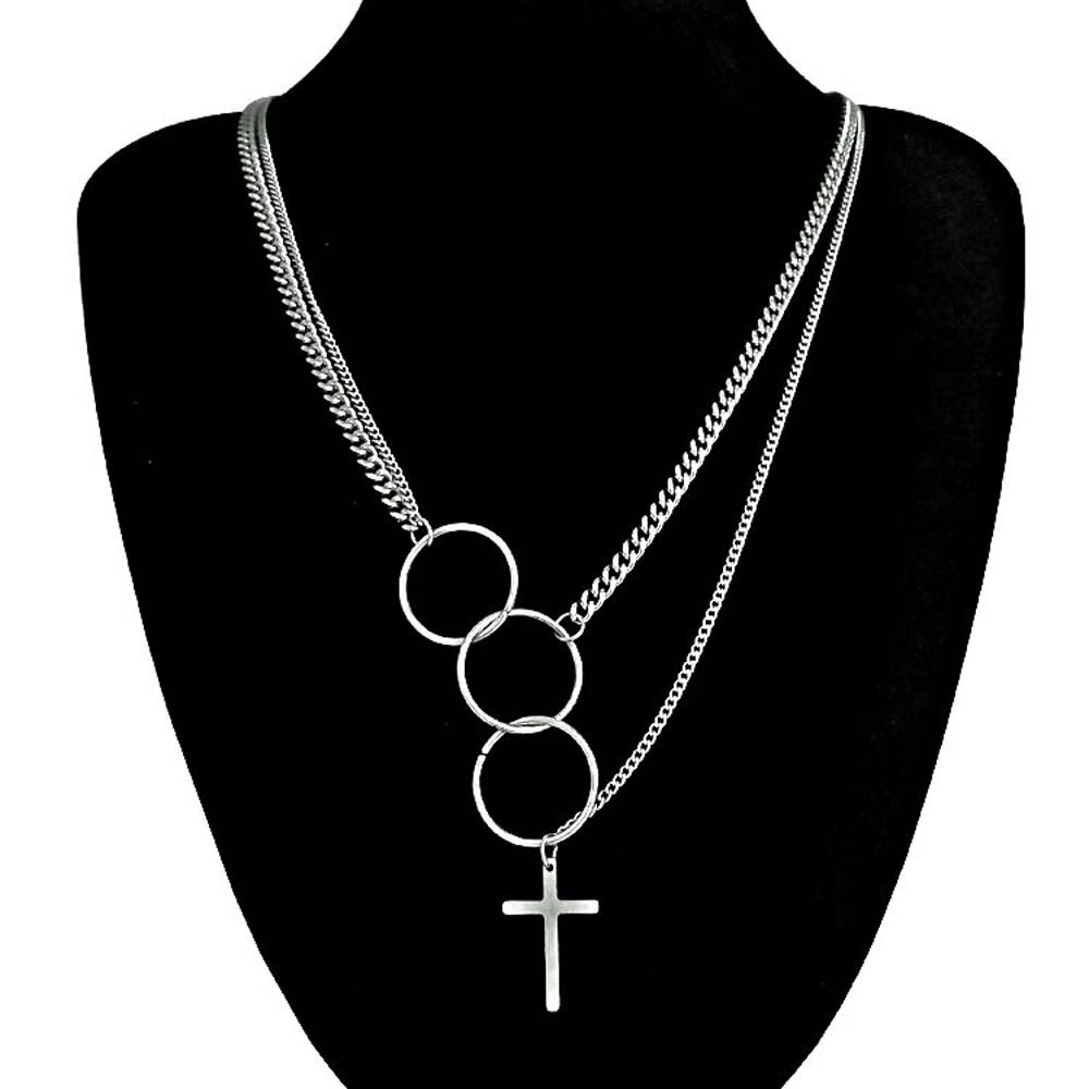 Needway  Trendy Circle Necklaces Punk Choker Clavicle Chain Metal Linked Double Layers Cross Pendant Men For Women Harajuku Fashion Jewelry/Multicolor