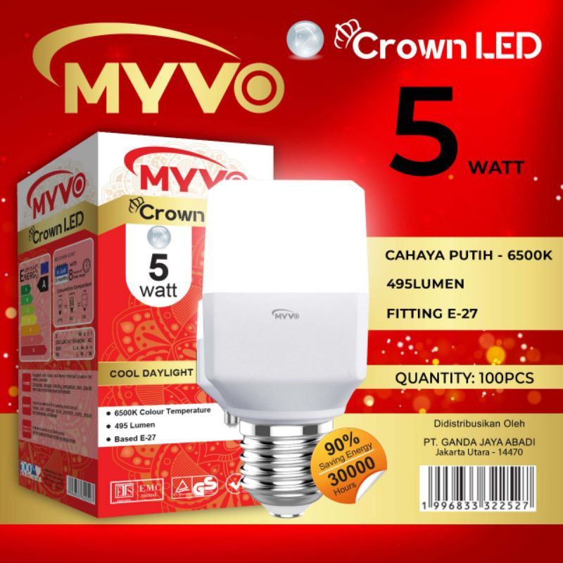 Lampu LED MYVO CROWN 5 Watt / 10 watt / 15 watt / Lampu LED Murah Garansi / Bohlam LED murah