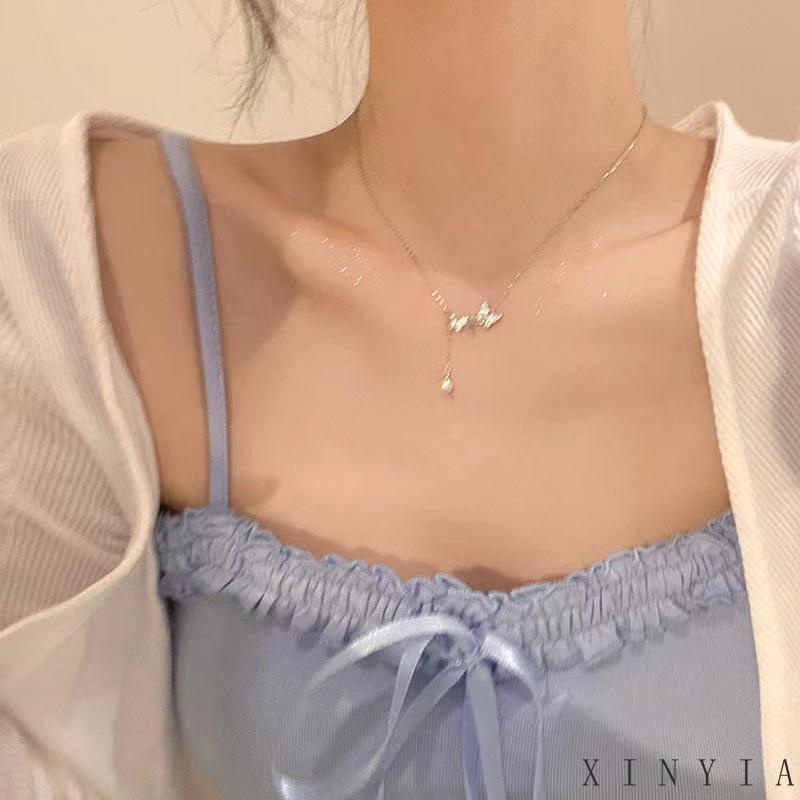 【COD】mode Korea Kalung Rantai Choker Liontin Kupu-Kupu Kristal Mutiara Warna Silver Untuk Wanita Kalung Rantai Klavikula