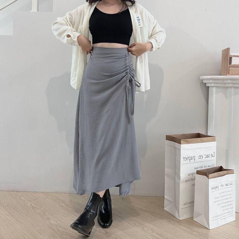 Rok Serut Casual Flowy - Midi Maxi Ruched Skirt - Rok Wanita Korean Look-GREY