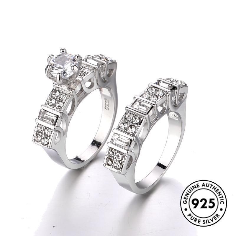 Set Cincin S925 Silver Hias Full Berlian Untuk Wanita