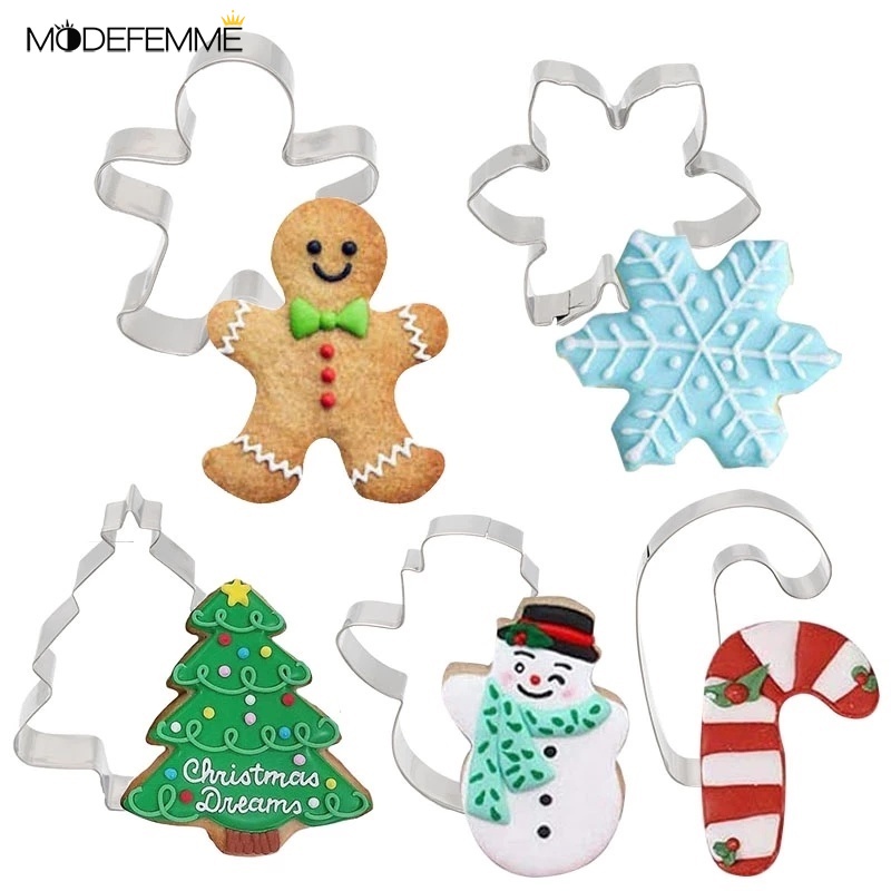 5pcs / Set Cetakan Kue / Biskuit Bentuk Pohon Natal / Gingerbread Man 3d Bahan Stainless Steel Handmade