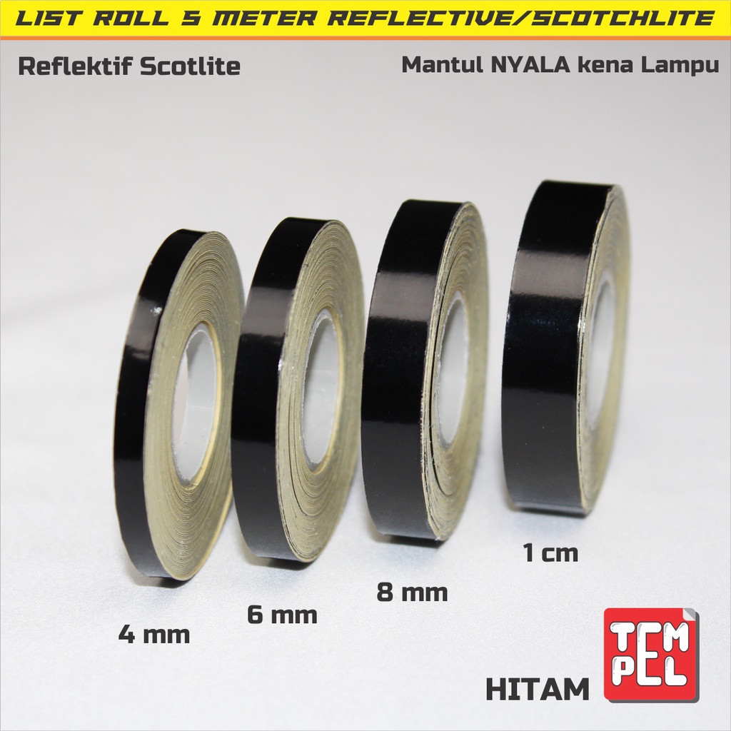 STIKER List roll velg 4mm/6mm/8mm/1cm/1.5cm Reflektif Scotlite NYALA HITAM