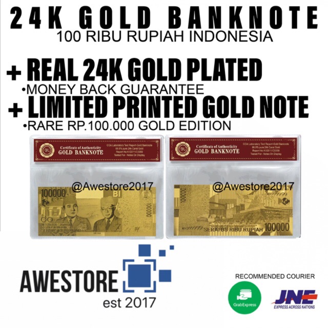 Uang Replika 100.000 Rupiah Lapis Emas 24K Seratus Ribu Gold Plated