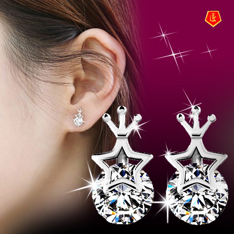 [Ready Stock]New Silver Five-Pointed Star Crown Earrings