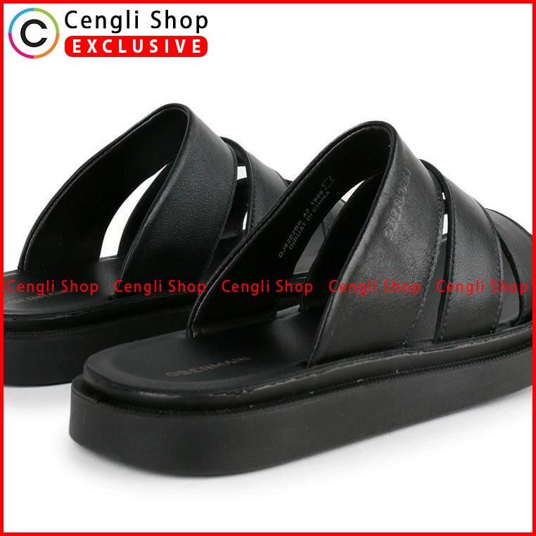 SANDAL KULIT OBERMAIN PRIA ORIGINAL SLIDE CASUAL BRANDED HITAM OM18