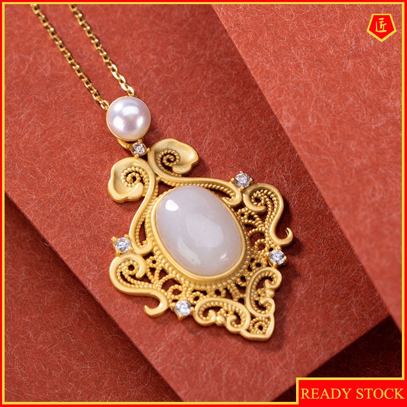 [Ready Stock]White Jade Pearl Upscale Personality Hollow Necklace Pendant for Women