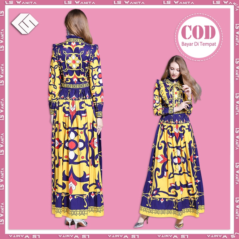 LS Import Gamis Floral Motif Vintage Maxi Party Dress Wanita