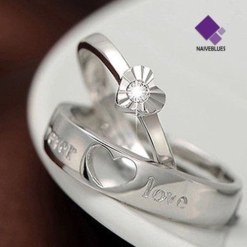 Naiveblue &gt; Cincin Pasangan Lapis Silver Motif Tulisan Forever Love Aksen Zircon Adjustable Untuk Pria / Wanita