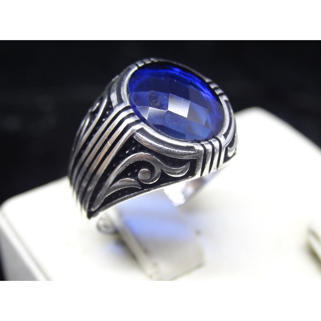 Cincin Pria Turkey Handmade 925 Sterling Silver Sapphire  Sz.8