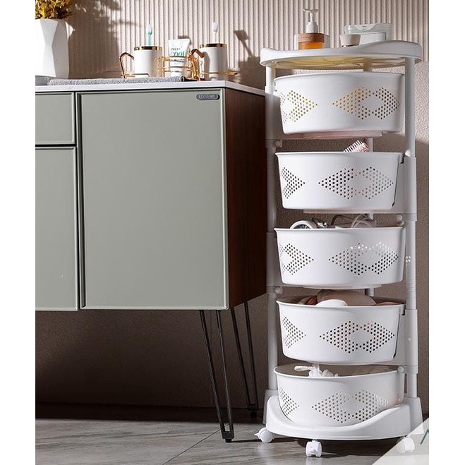 Rak Troli Bulat Rak Dapur 5 Tingkat Serbaguna Roda Plastik Rak Troli Serbaguna