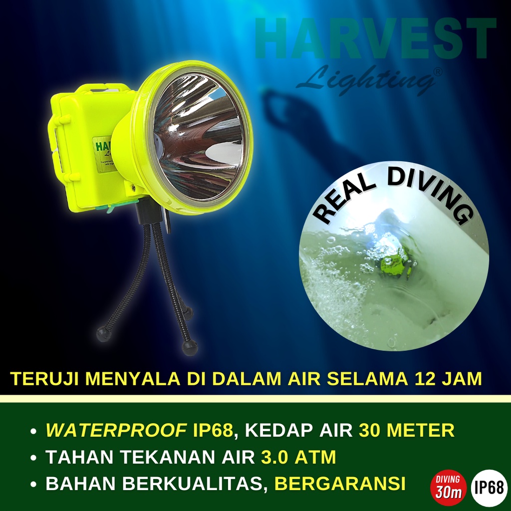 175W - Headlamp Diving PAKET ISI 3 - HARVEST LIGHTING Senter Kepala Selam LED Professional Diving IP68 8400 MAH Lampu Emergency Selam Spearfishing Travel Hunting Rechargeable  Original Bergaransi