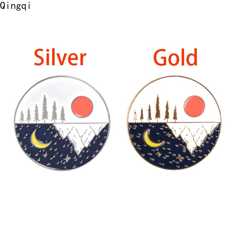 Bros Pin Enamel Bentuk Bulat Motif Gunung Matahari Bulan Bintang Hutan Alam Untuk Hadiah Berkemah Mendaki Luar Ruangan