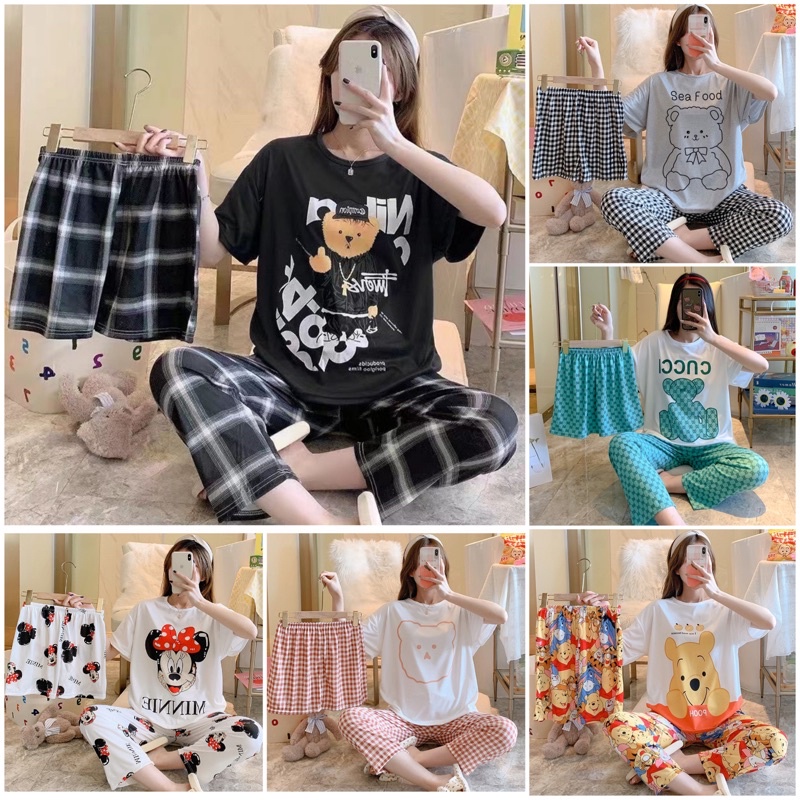 Kikidoo Piyama 3in1 Baju Tidur Import | Baju Tidur Wanita Dewasa Celana Panjang/pendek Piyama Unyu U