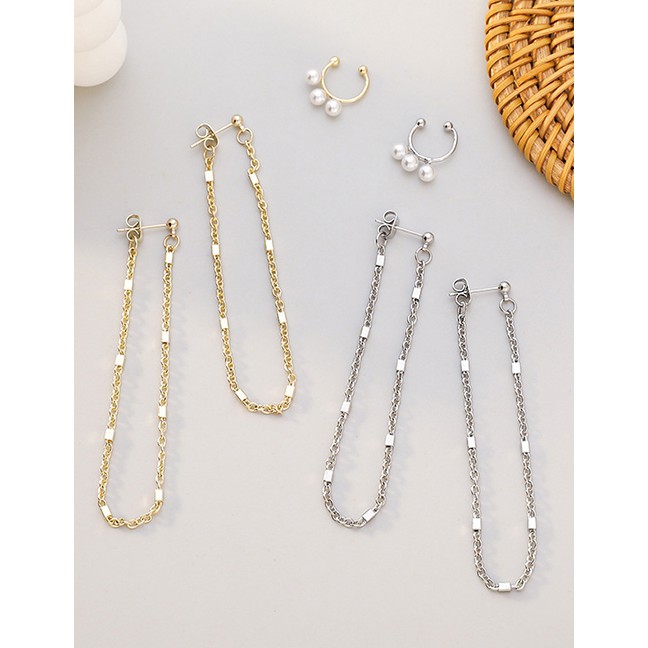 LRC Anting Tusuk Fashion Tassel Chain Alloy Pearl Earrings Ear Clip Set  K75970